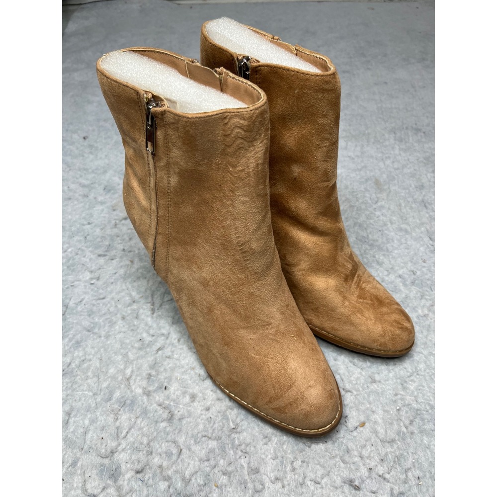 Tan Faux Suede Wedge Ankle Boots Pointed Toe Side Zip Booties Camel Size 9 - Picture 2 of 6